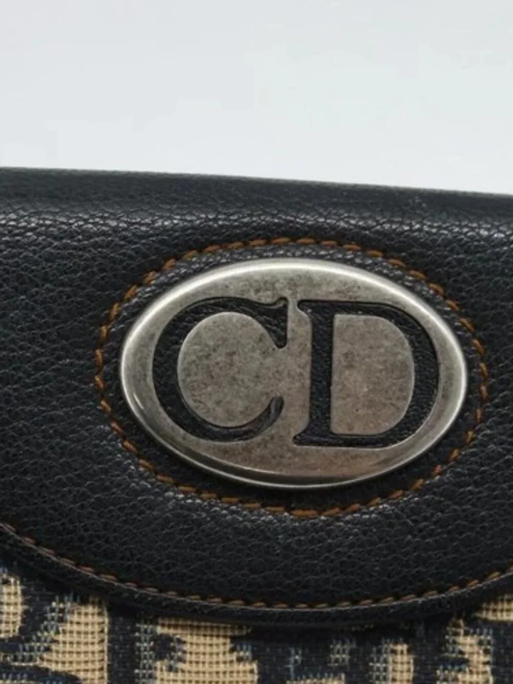 Christian Dior Trotter Canvas Compact Wallet Navy Silver Auth 181463A